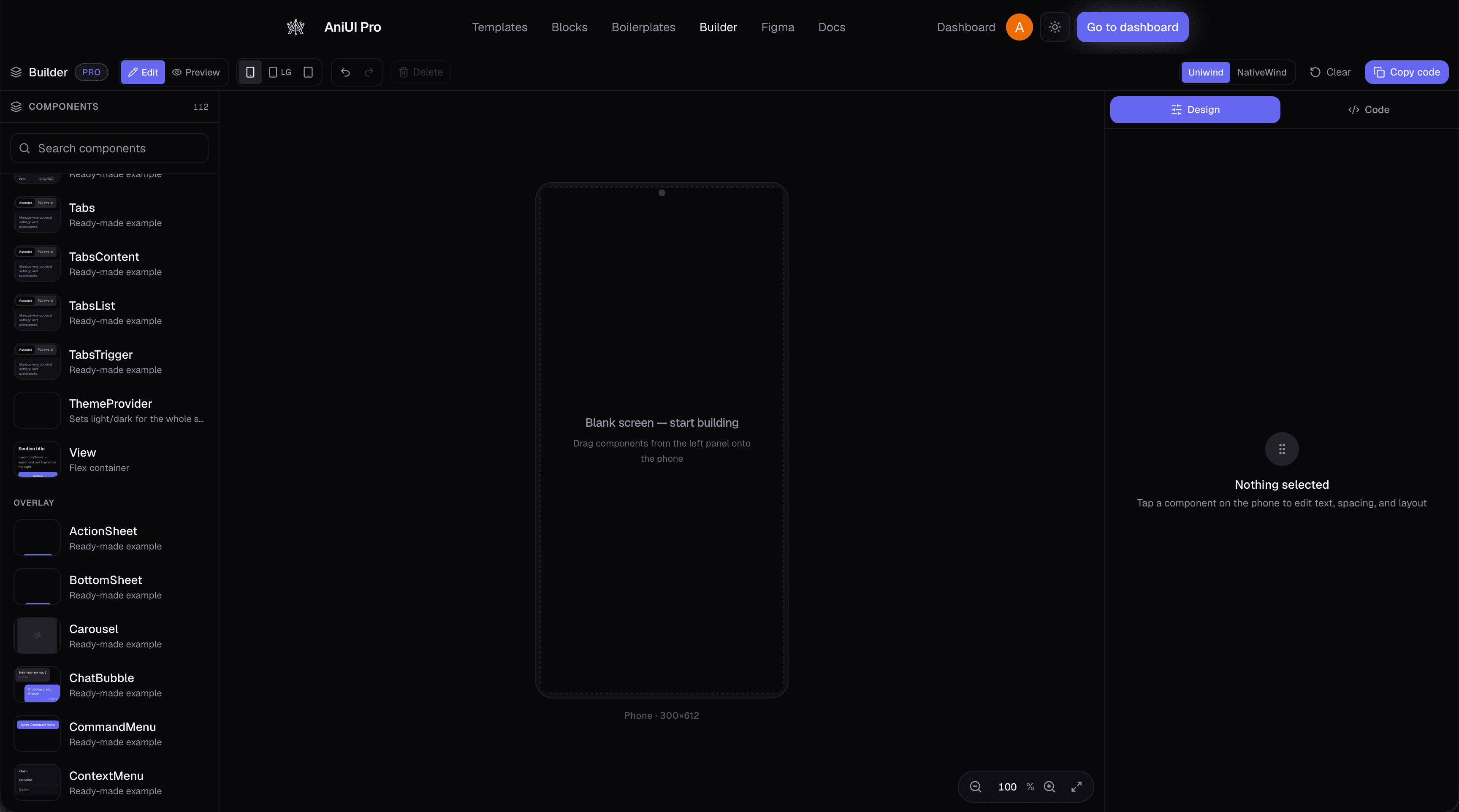 AniUI Pro Builder — component palette, phone canvas, and design sidebar