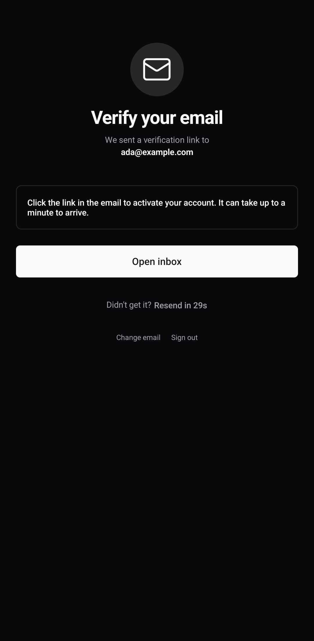 Auth Template — Email verification (dark)