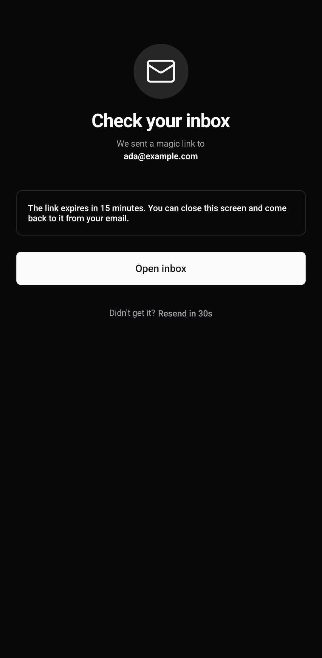 Auth Template — Magic link sent (dark)