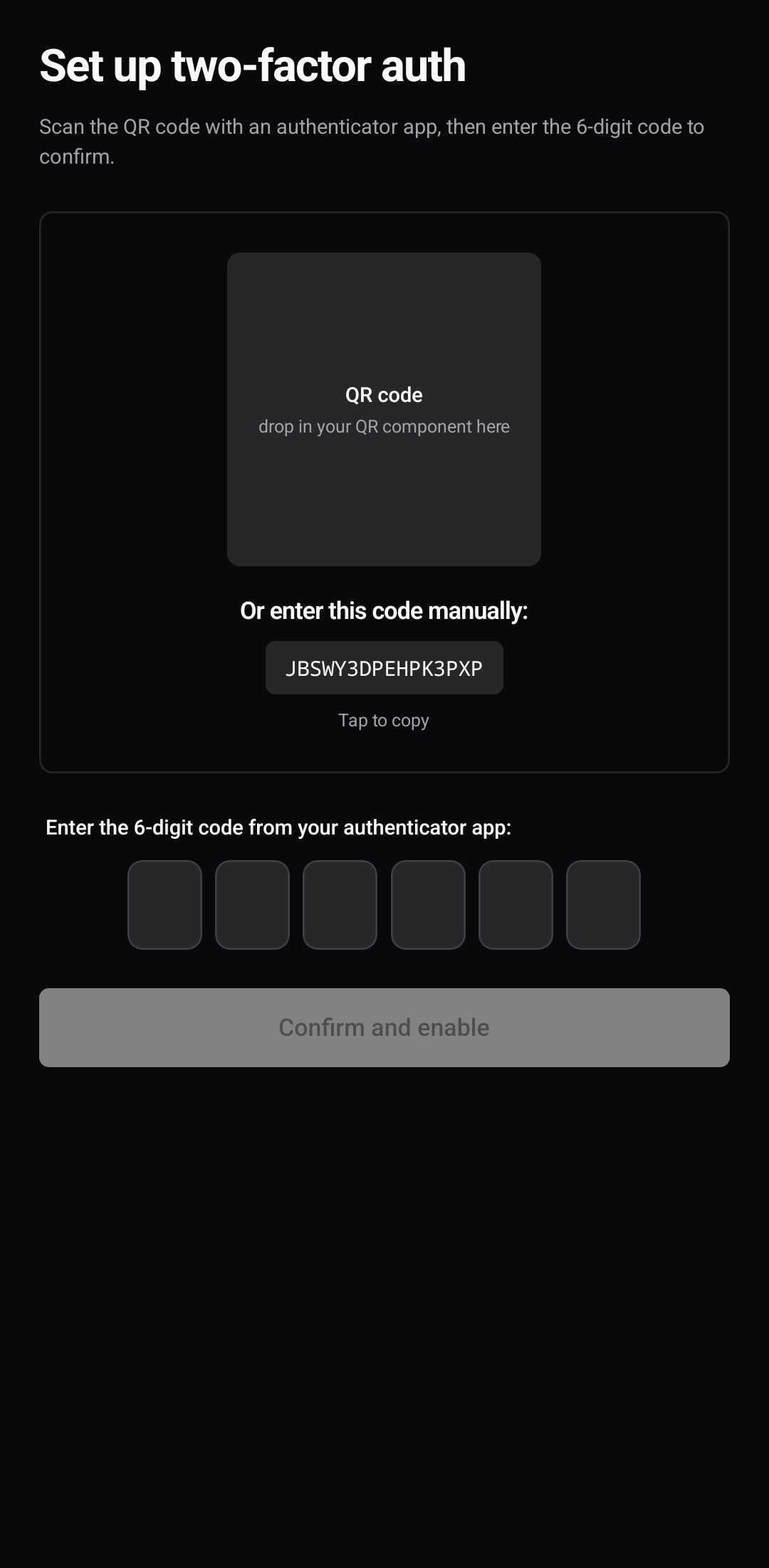 Auth Template — Two factor setup (dark)