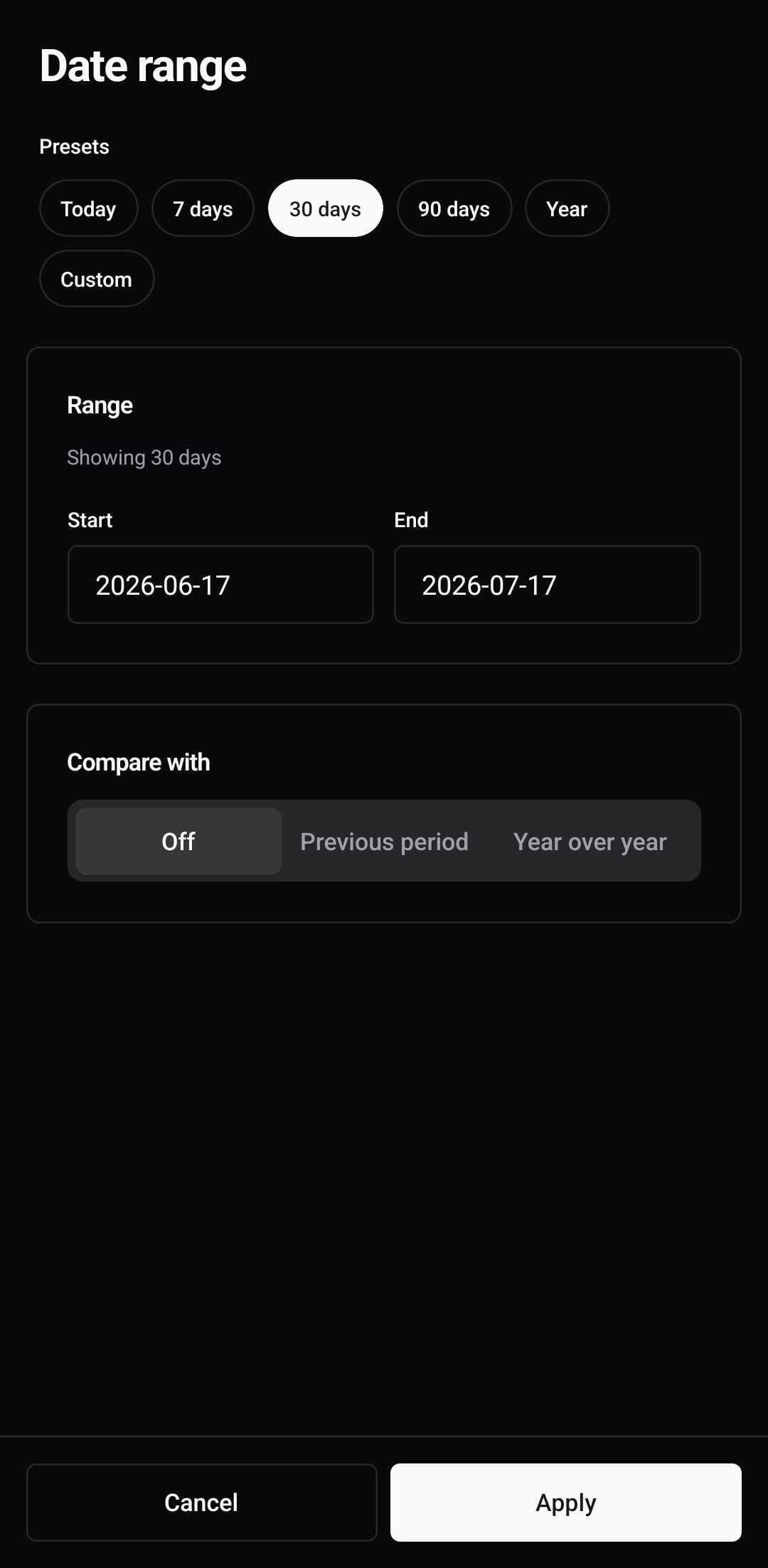 Dashboard Template — Date range picker (dark)