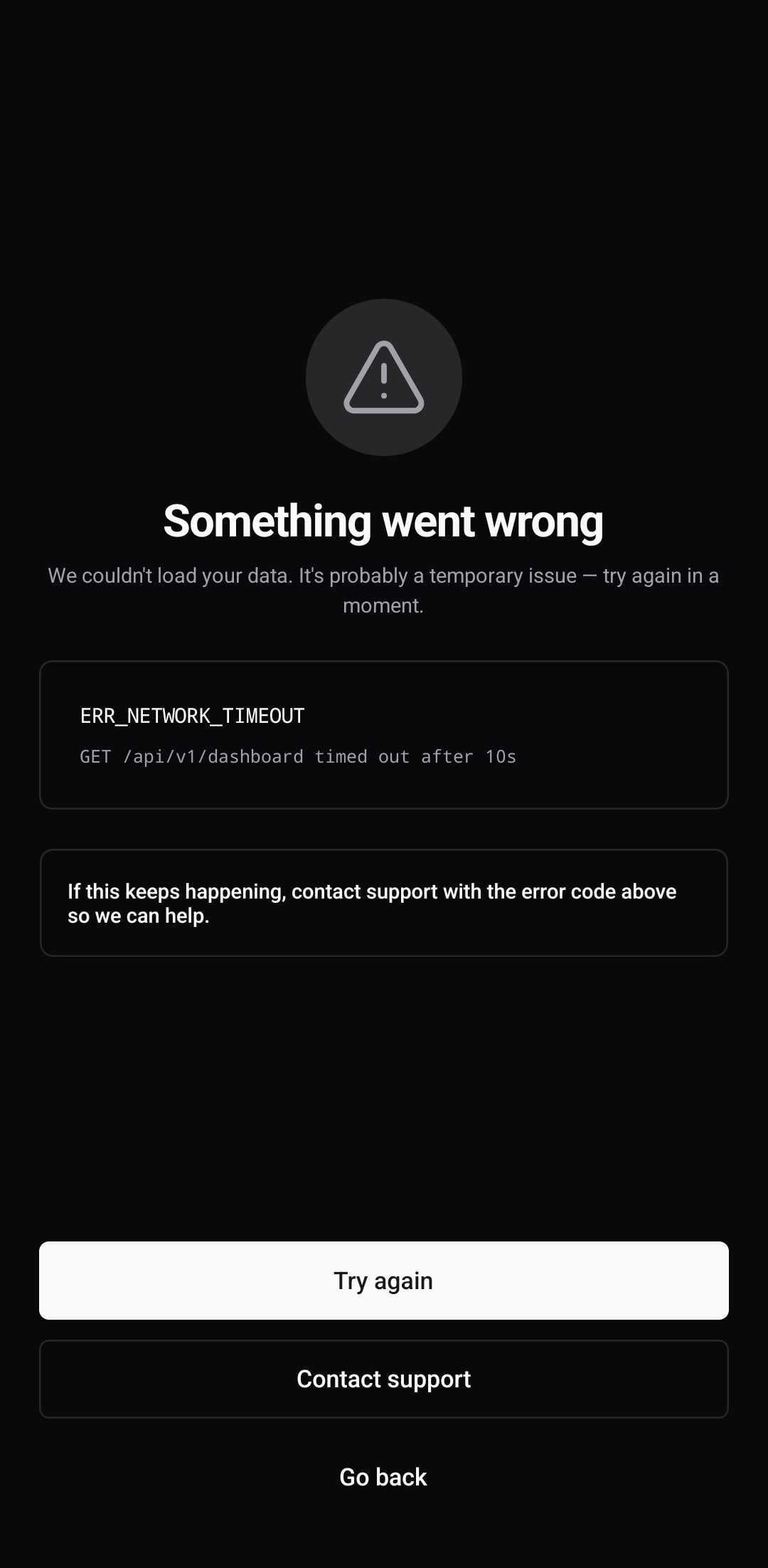 Dashboard Template — Error state (dark)