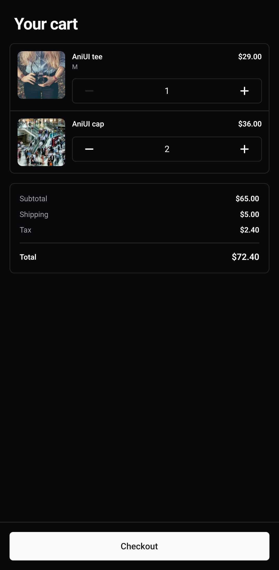 E-Commerce Template — Cart (dark)