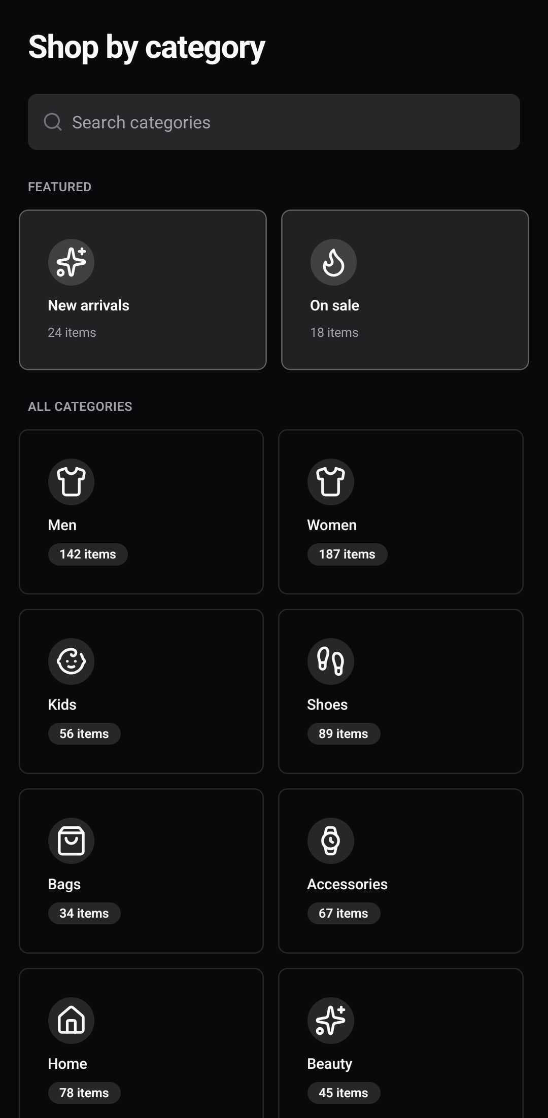 E-Commerce Template — Categories (dark)