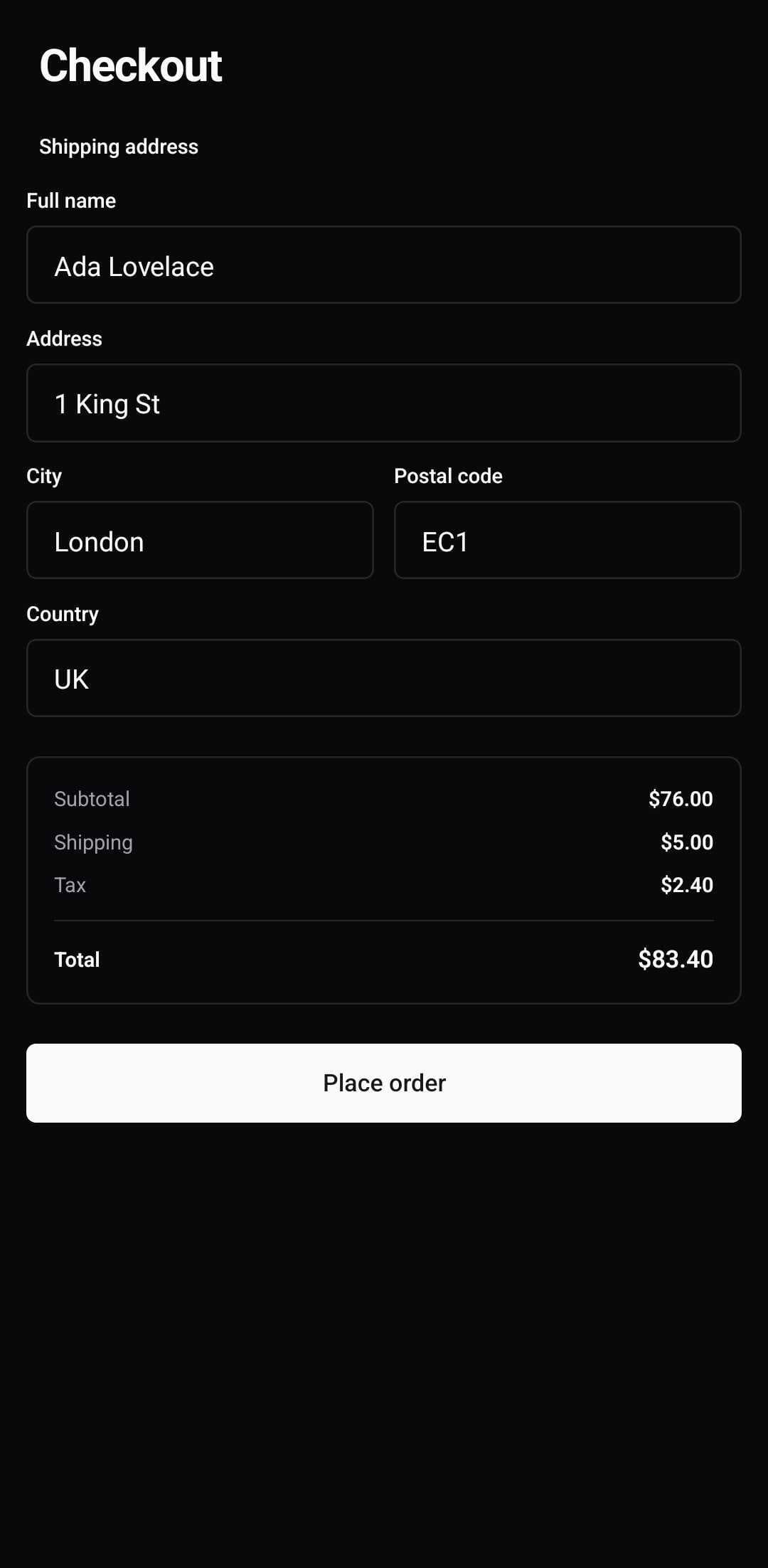 E-Commerce Template — Checkout (dark)
