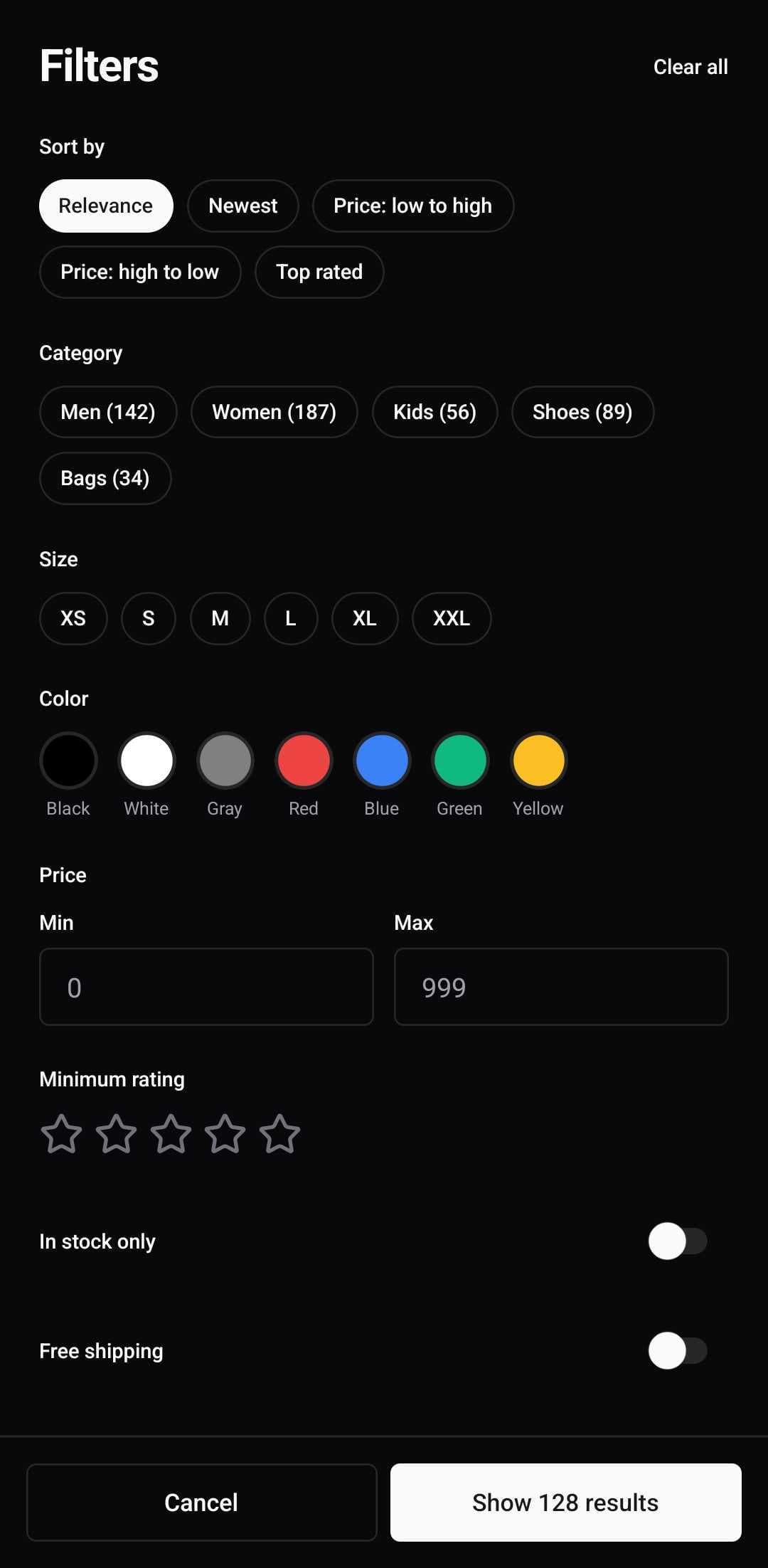 E-Commerce Template — Filters (dark)