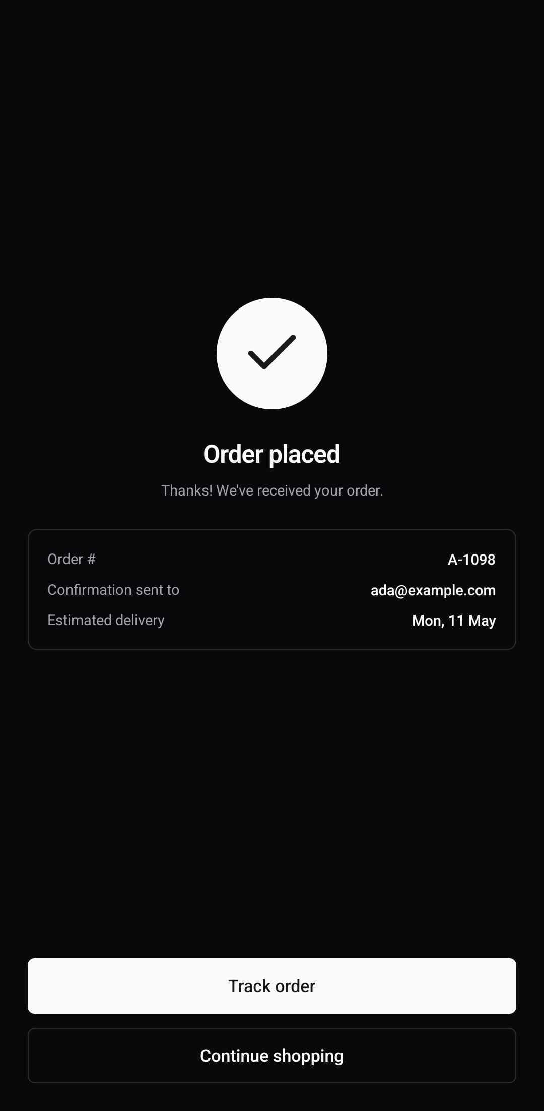 E-Commerce Template — Order confirmation (dark)