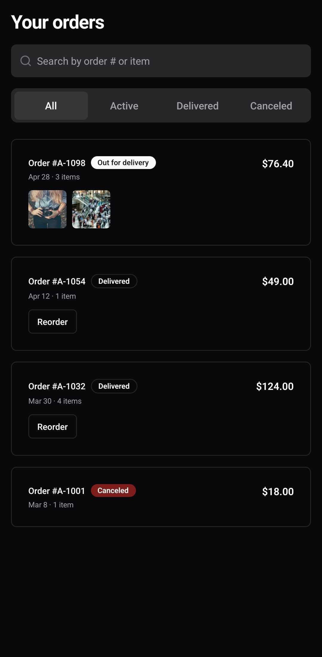 E-Commerce Template — Order history (dark)