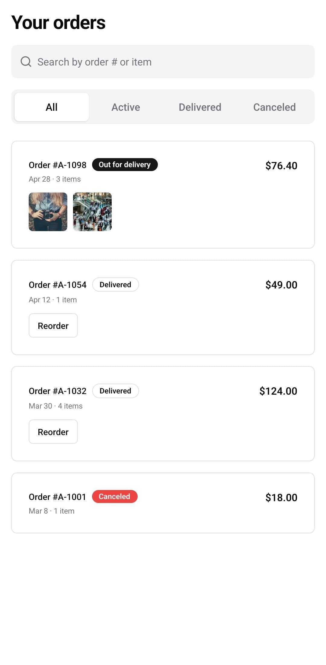 E-Commerce Template — Order history (light)