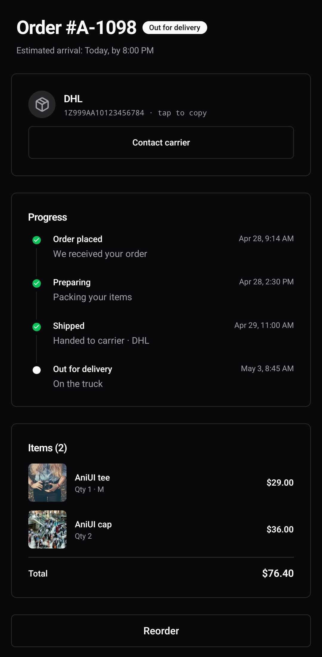 E-Commerce Template — Order tracking (dark)