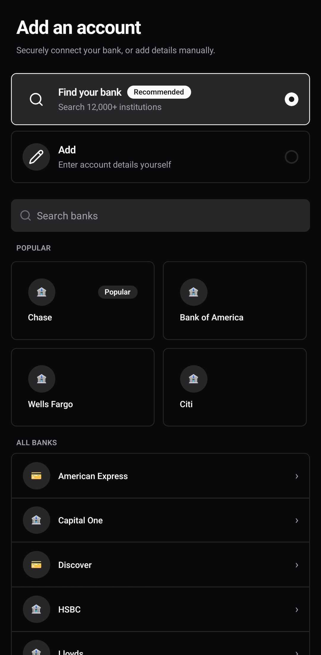 Finance Template — Add account (dark)