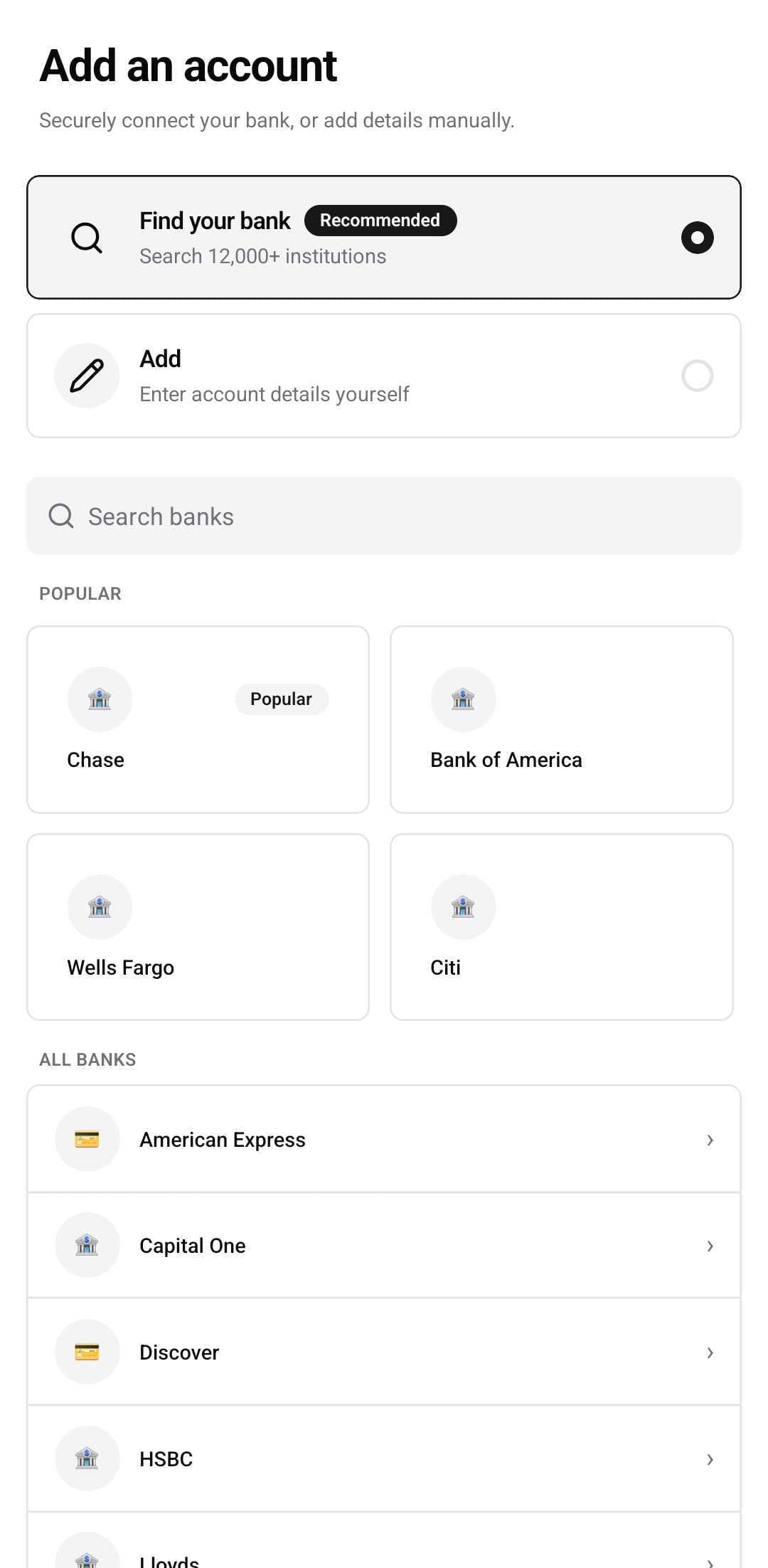 Finance Template — Add account (light)