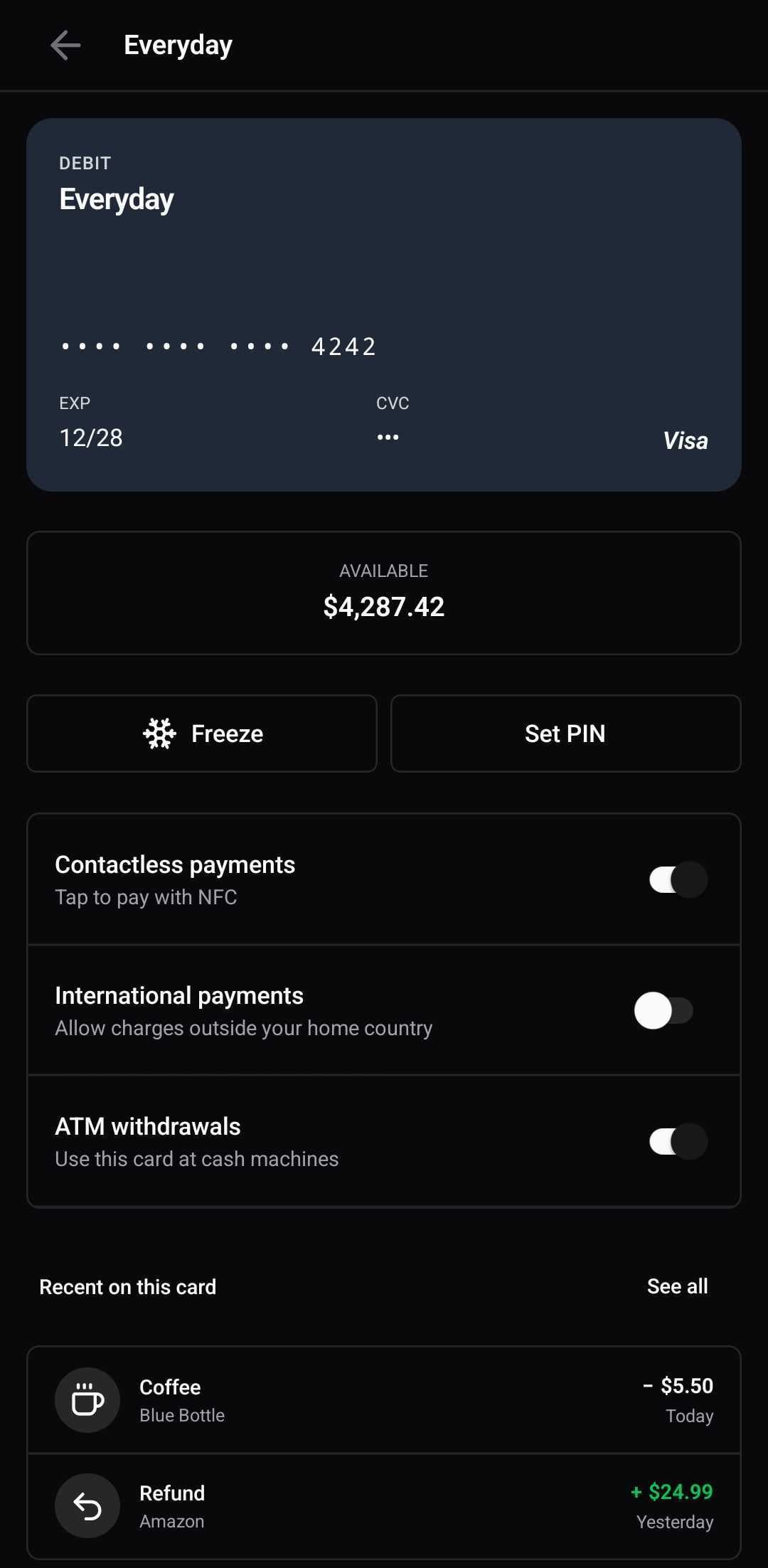 Finance Template — Card detail (dark)