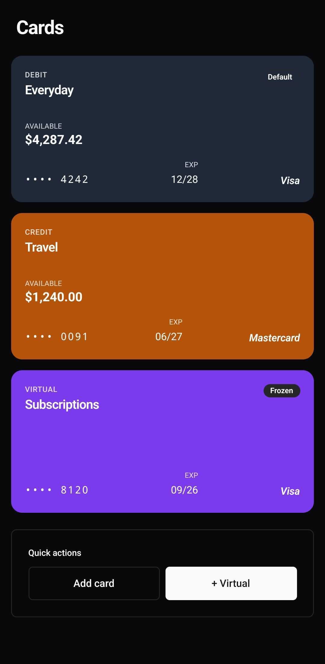 Finance Template — Cards (dark)