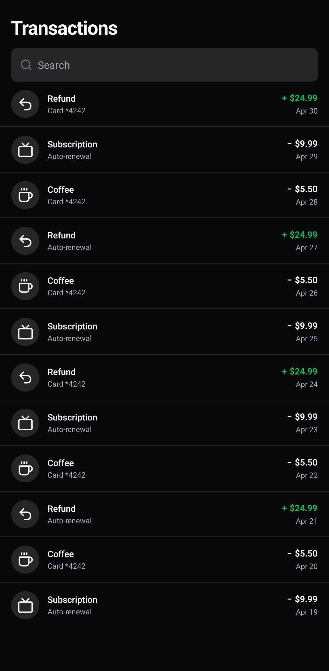 Finance Template — Transactions (dark)