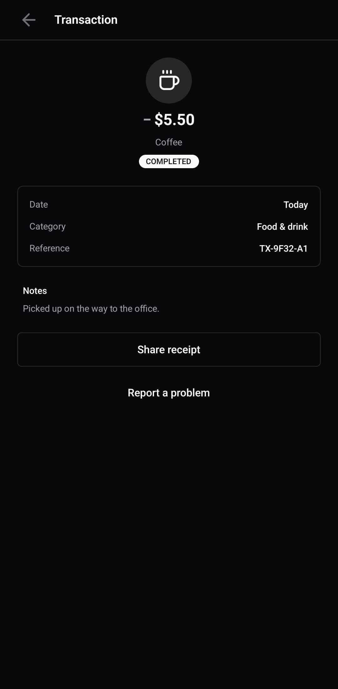 Finance Template — Transactions detail (dark)