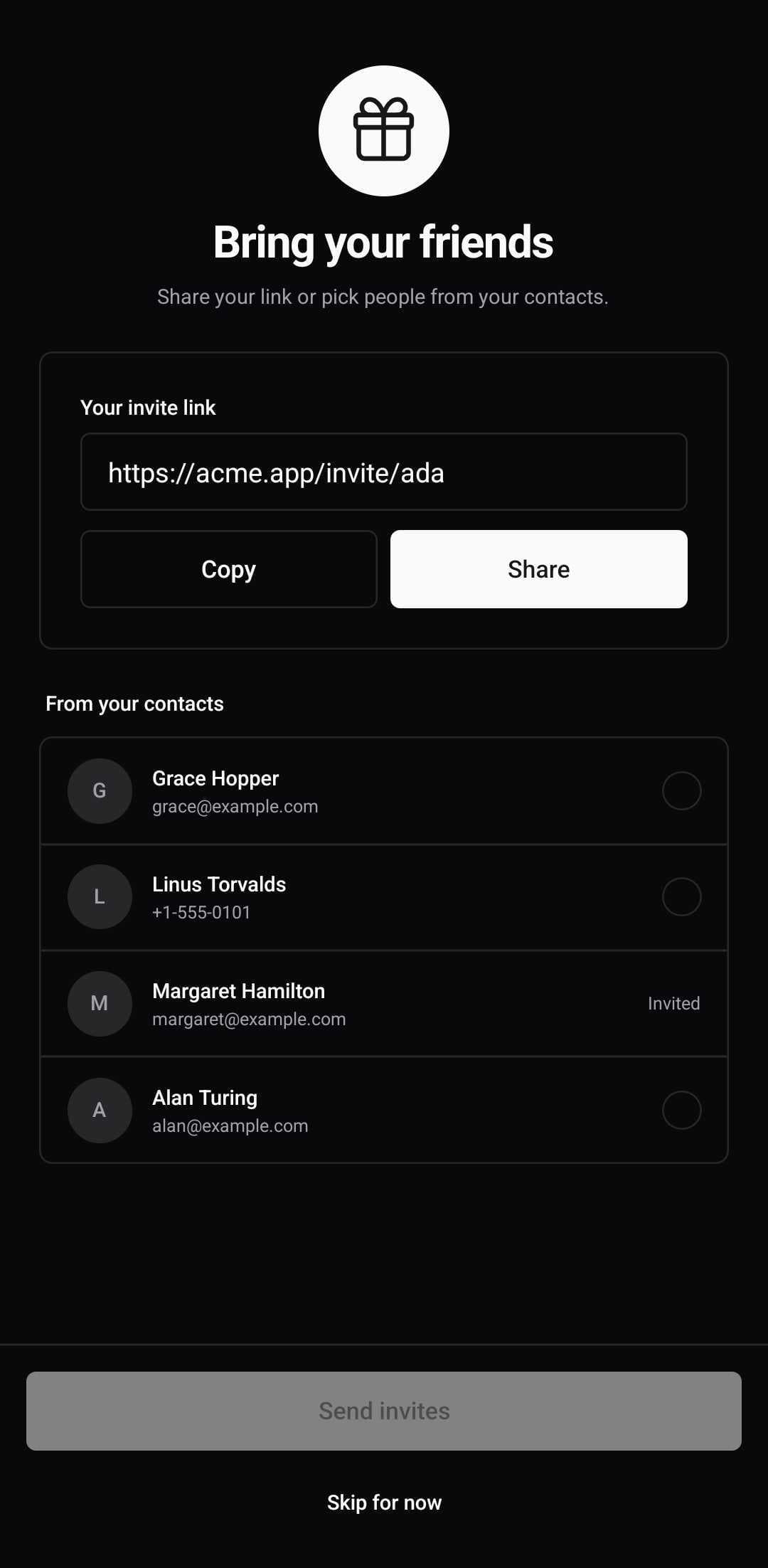 Onboarding Template — Invite friends (dark)