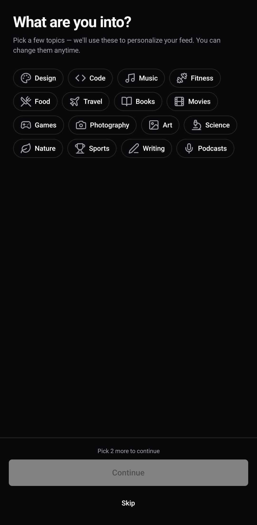 Onboarding Template — Pick interests (dark)