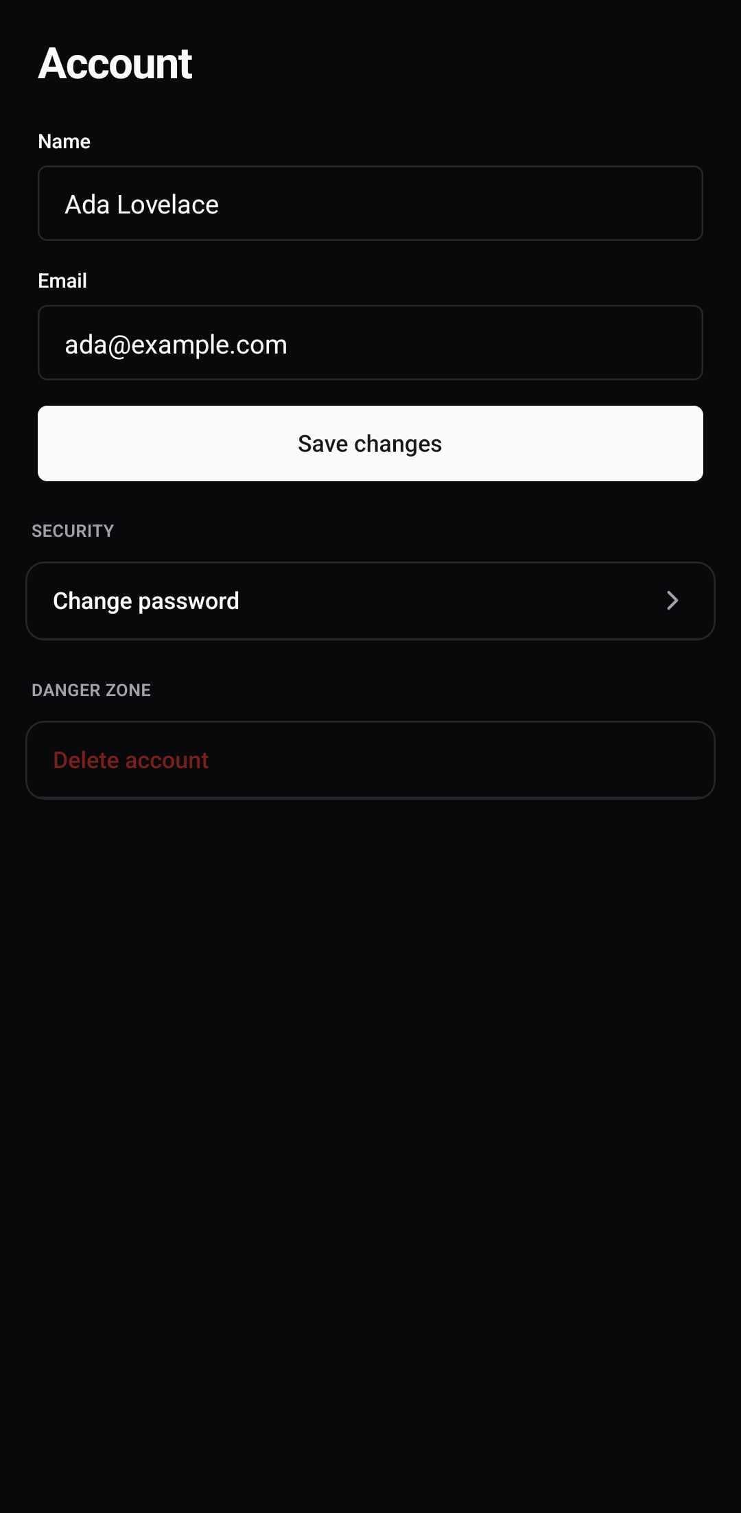 Settings Template — Account (light)