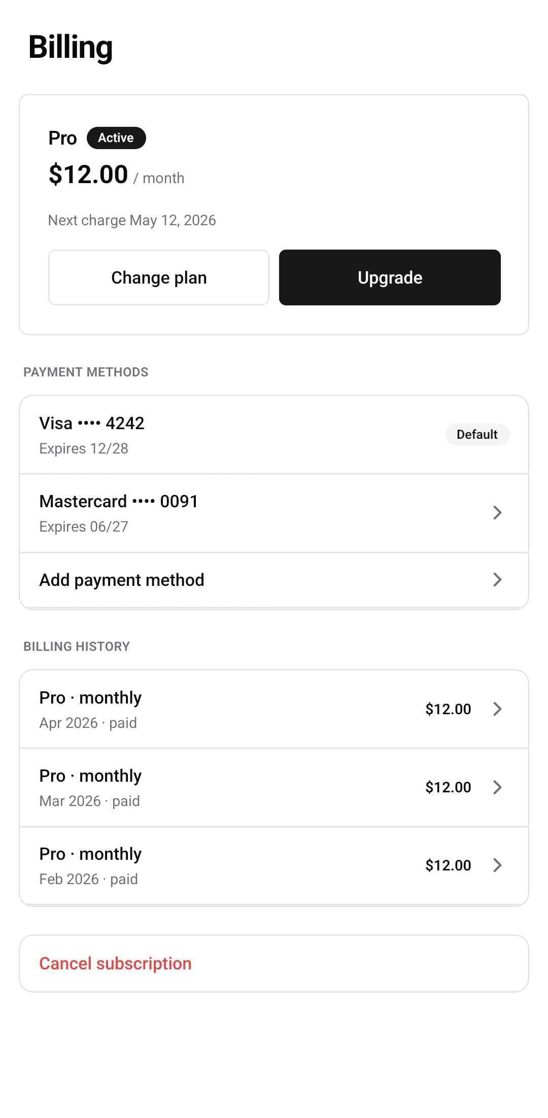 Settings Template — Billing (dark)