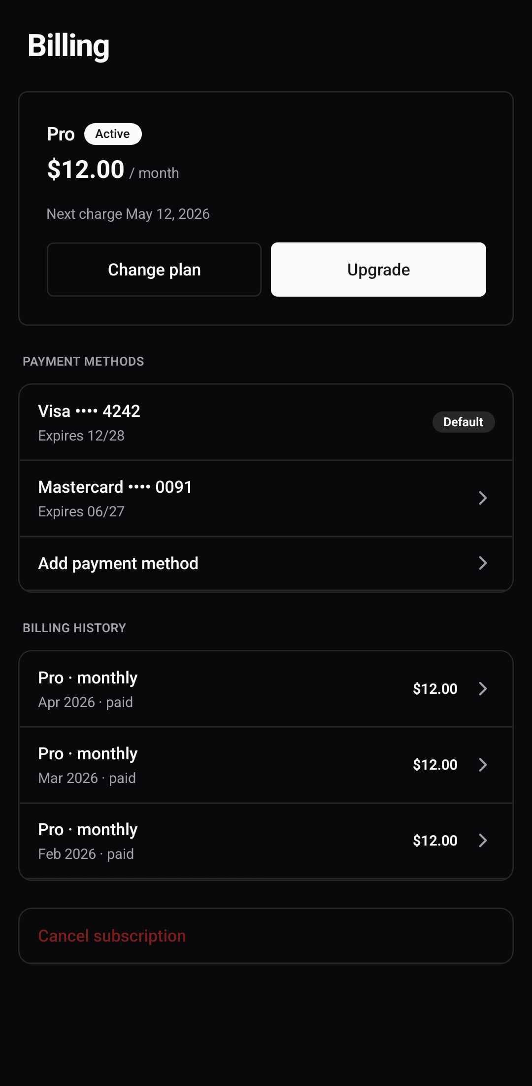 Settings Template — Billing (light)