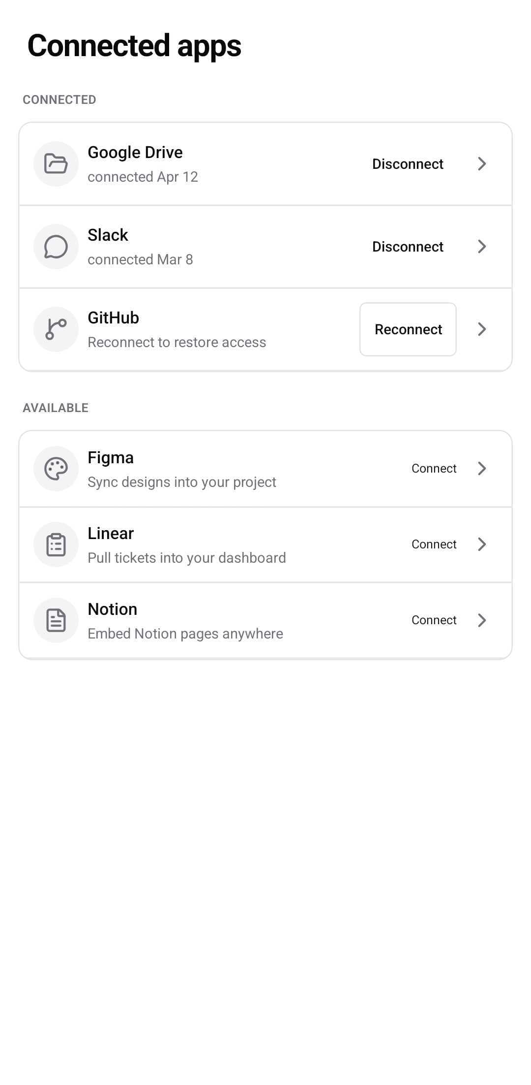 Settings Template — Connected apps (dark)