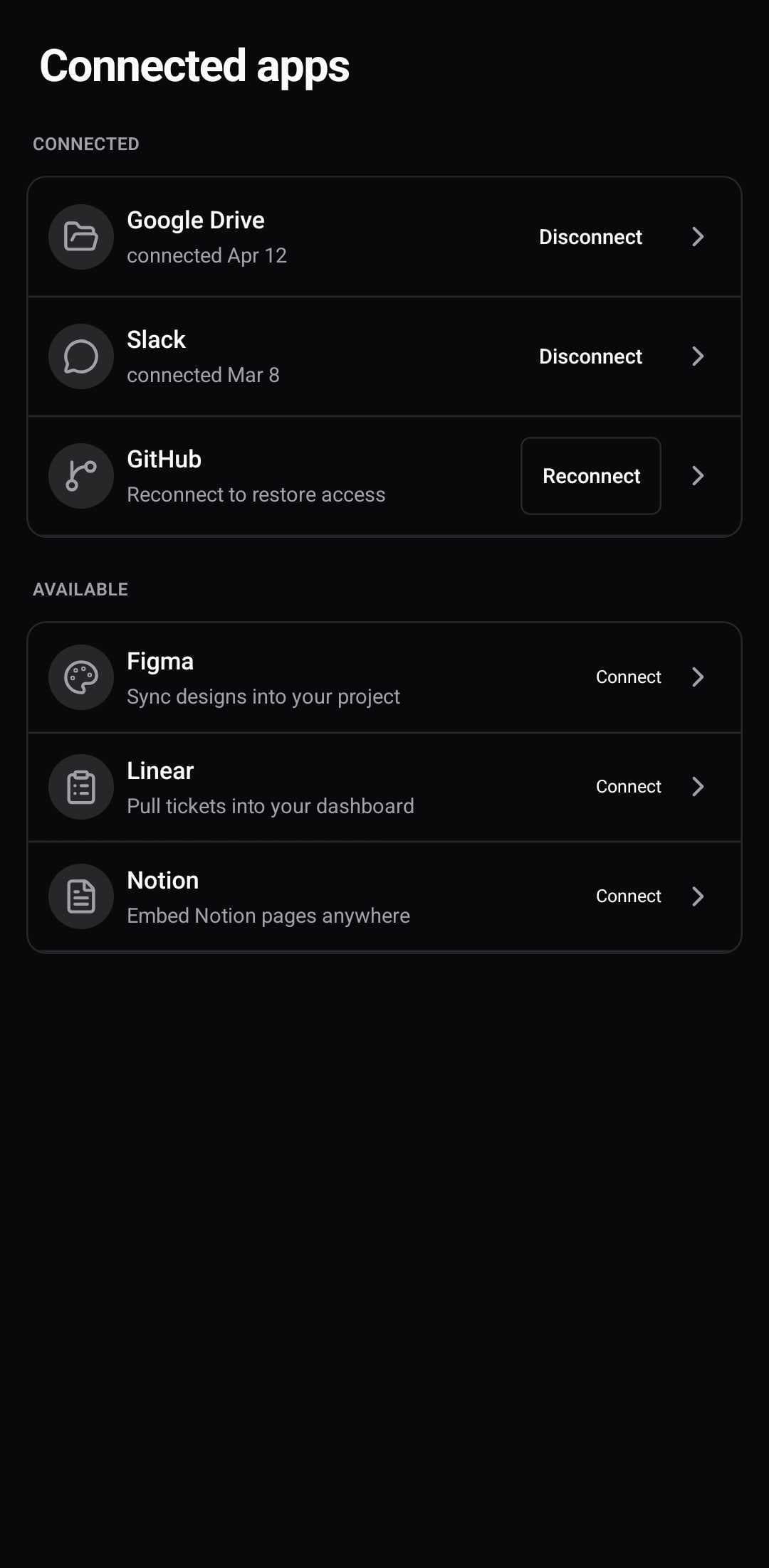 Settings Template — Connected apps (light)