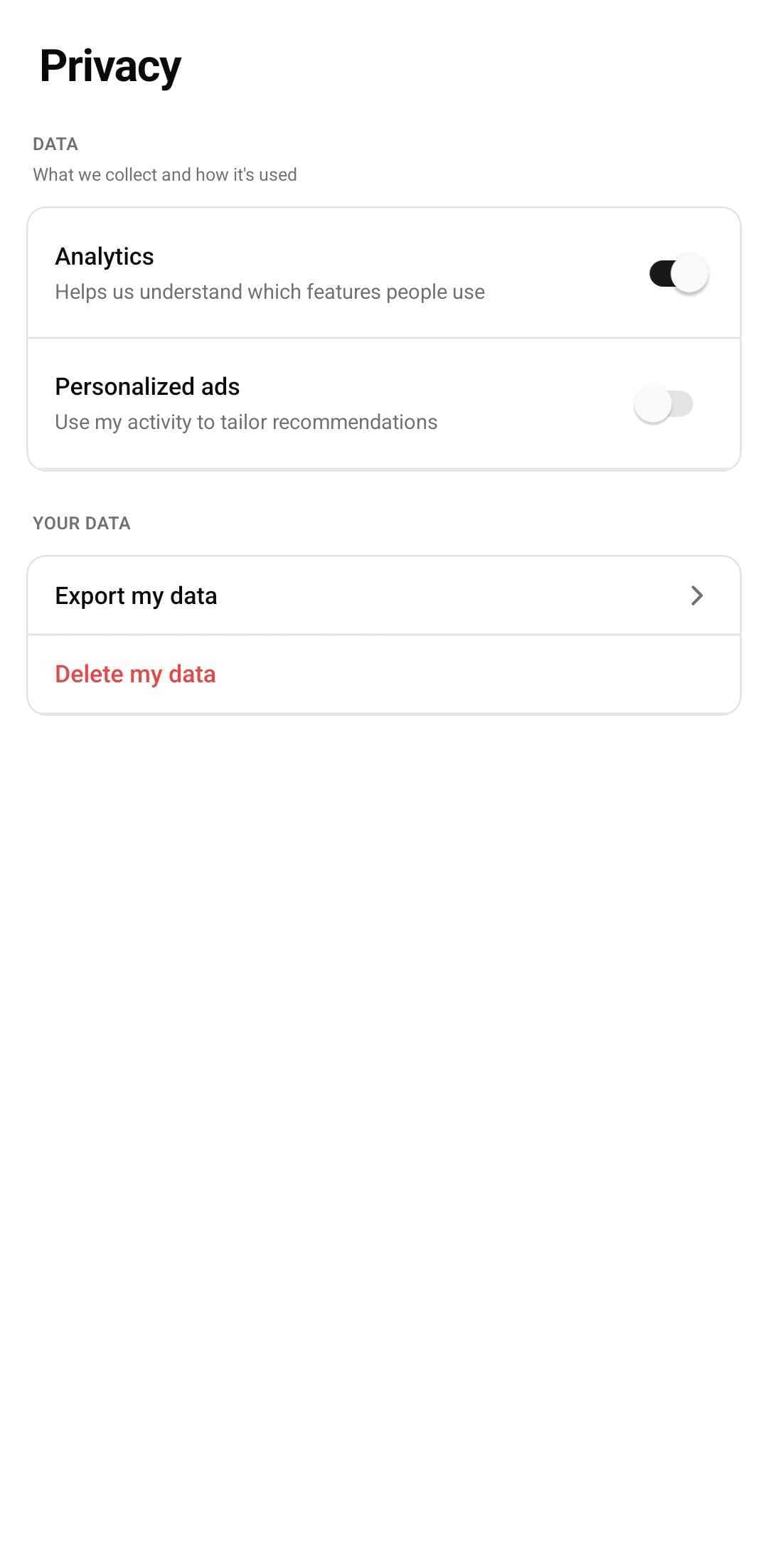 Settings Template — Privacy (dark)