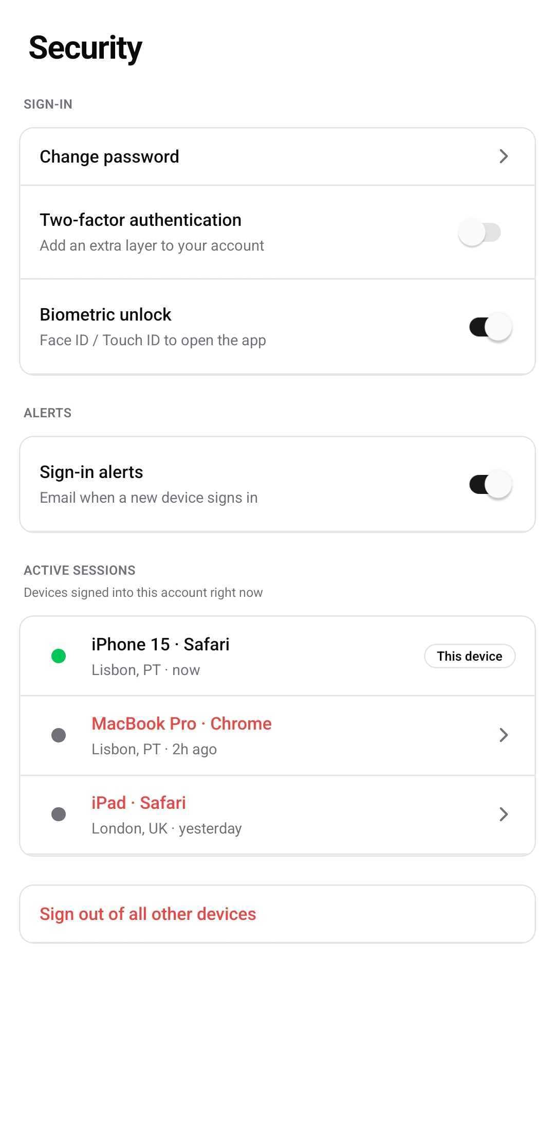 Settings Template — Security (dark)