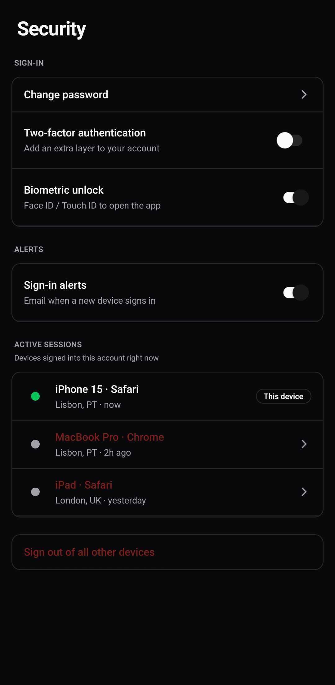 Settings Template — Security (light)