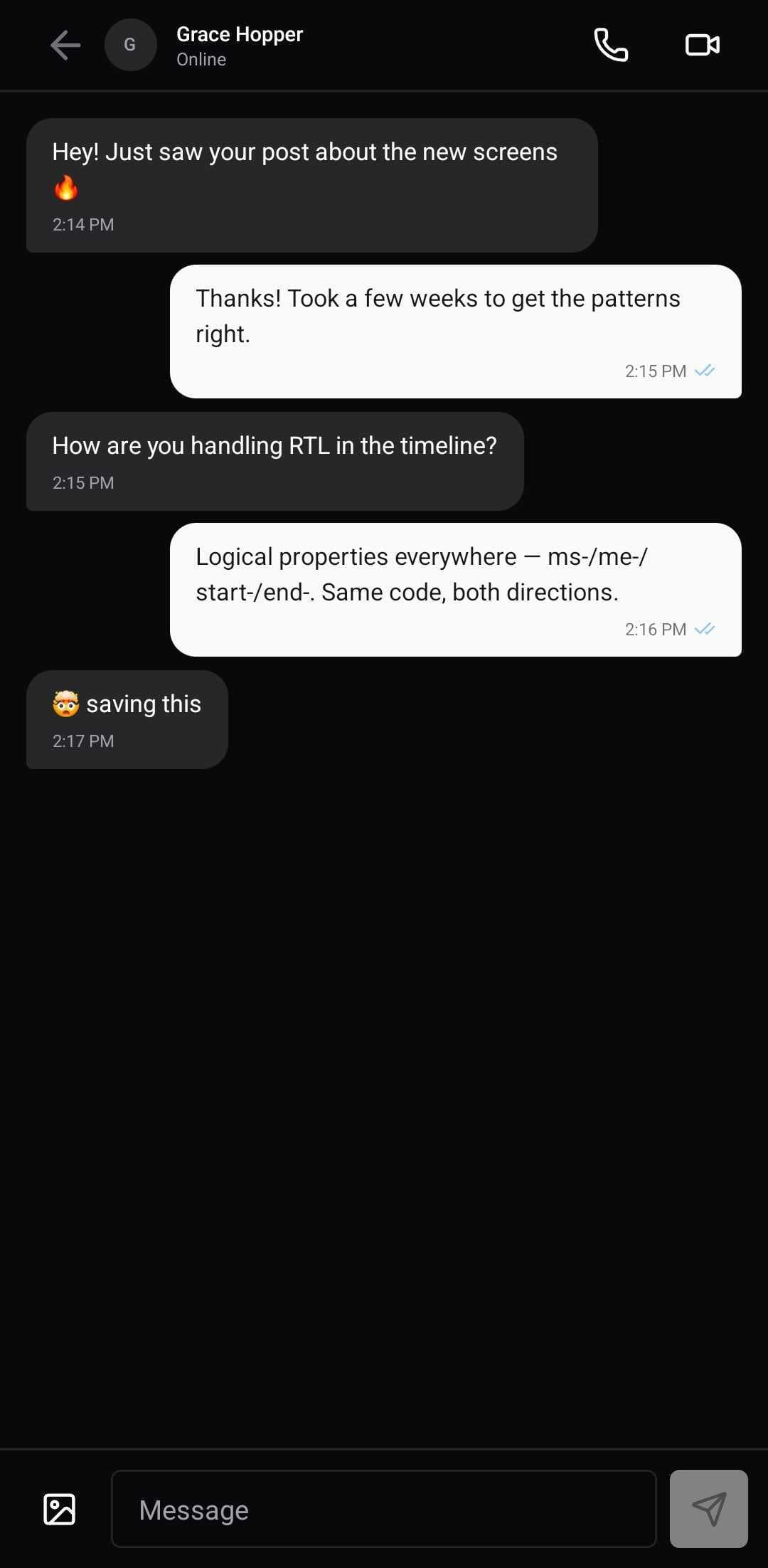 Social Template — DM thread (dark)