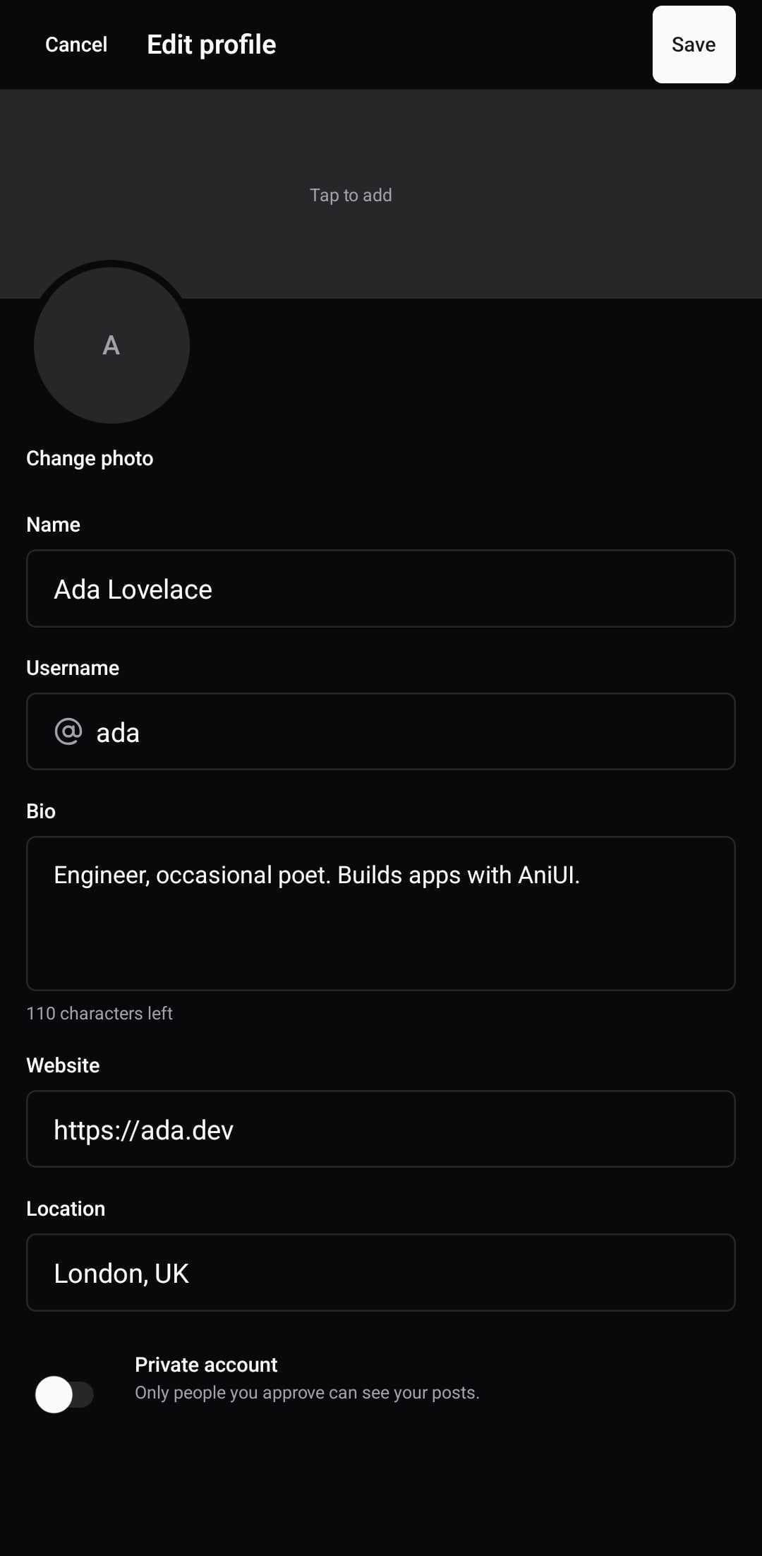 Social Template — Edit profile (dark)