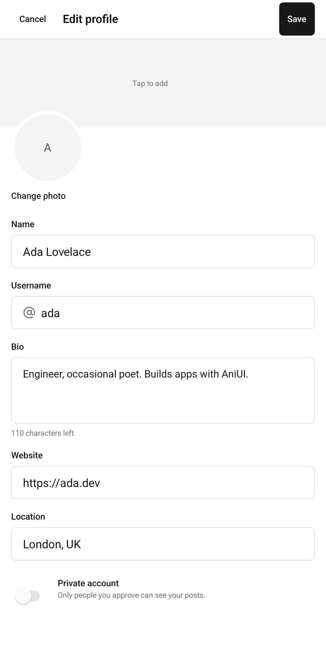 Social Template — Edit profile (light)