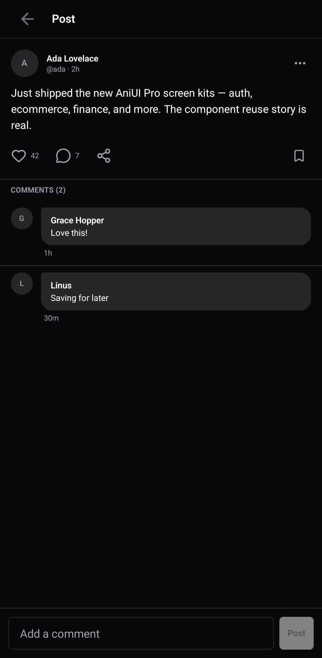 Social Template — Post detail (dark)
