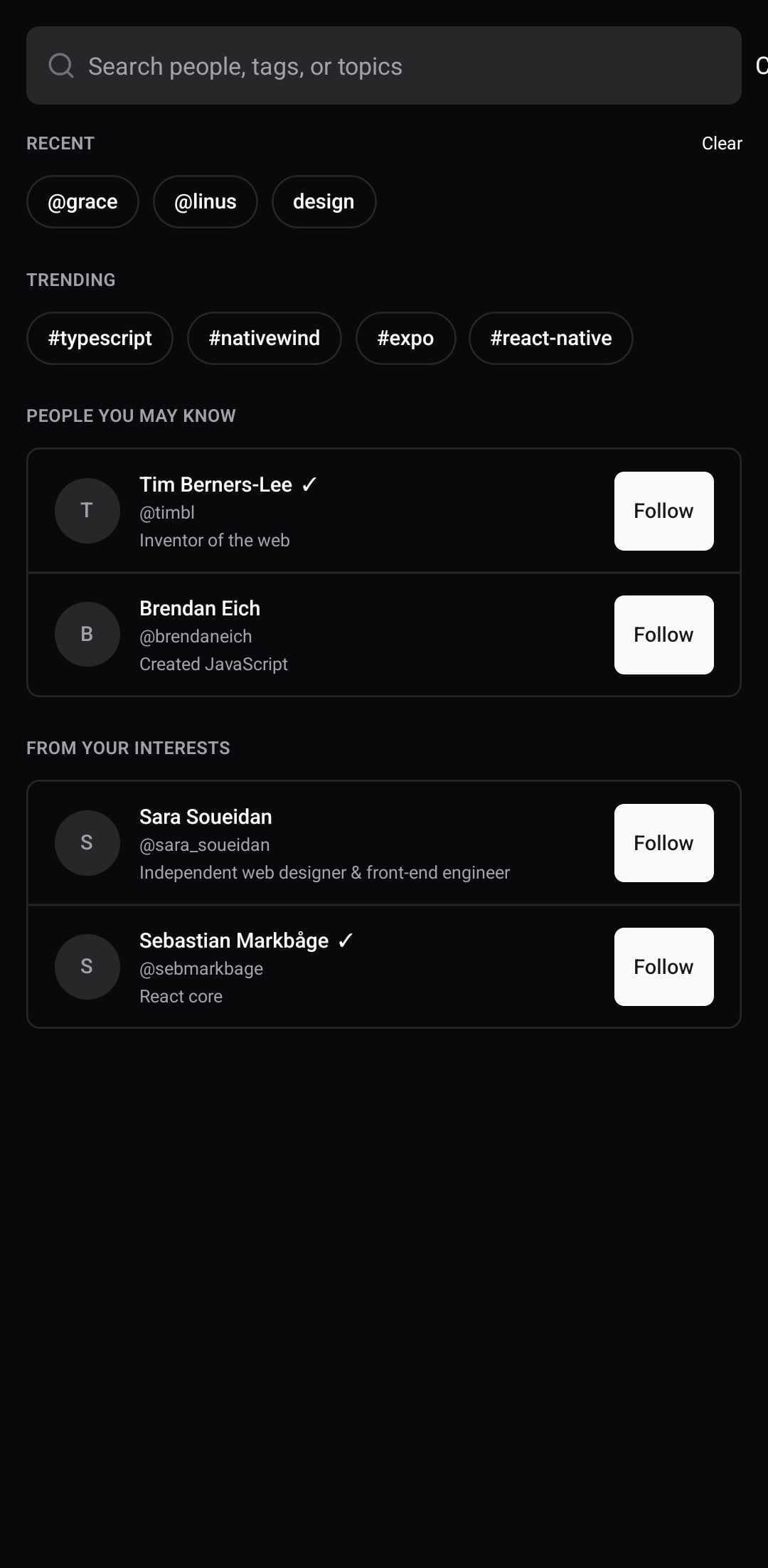 Social Template — Search users (dark)